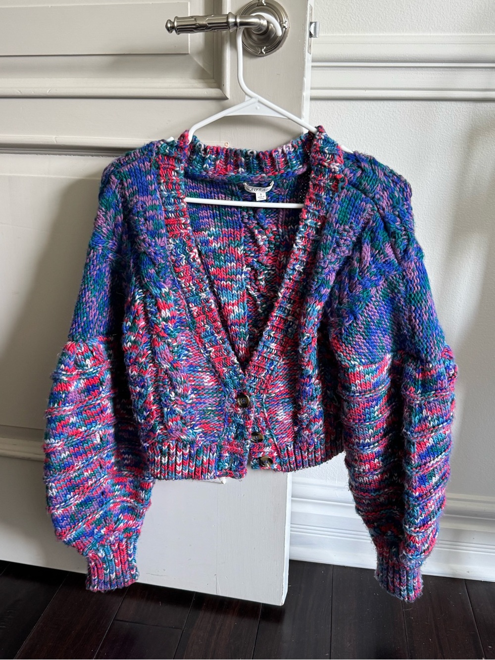 For Love & Lemons Multicolor Chunky V-Neck Cardigan — Blue, Purple, Pink, Green